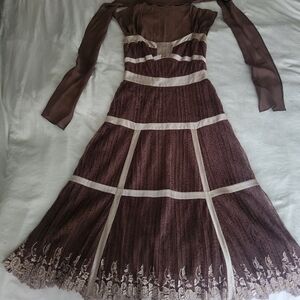 NWT La Perla Brown Lace Blend Accordian Pleated Midi Cocktail Dress